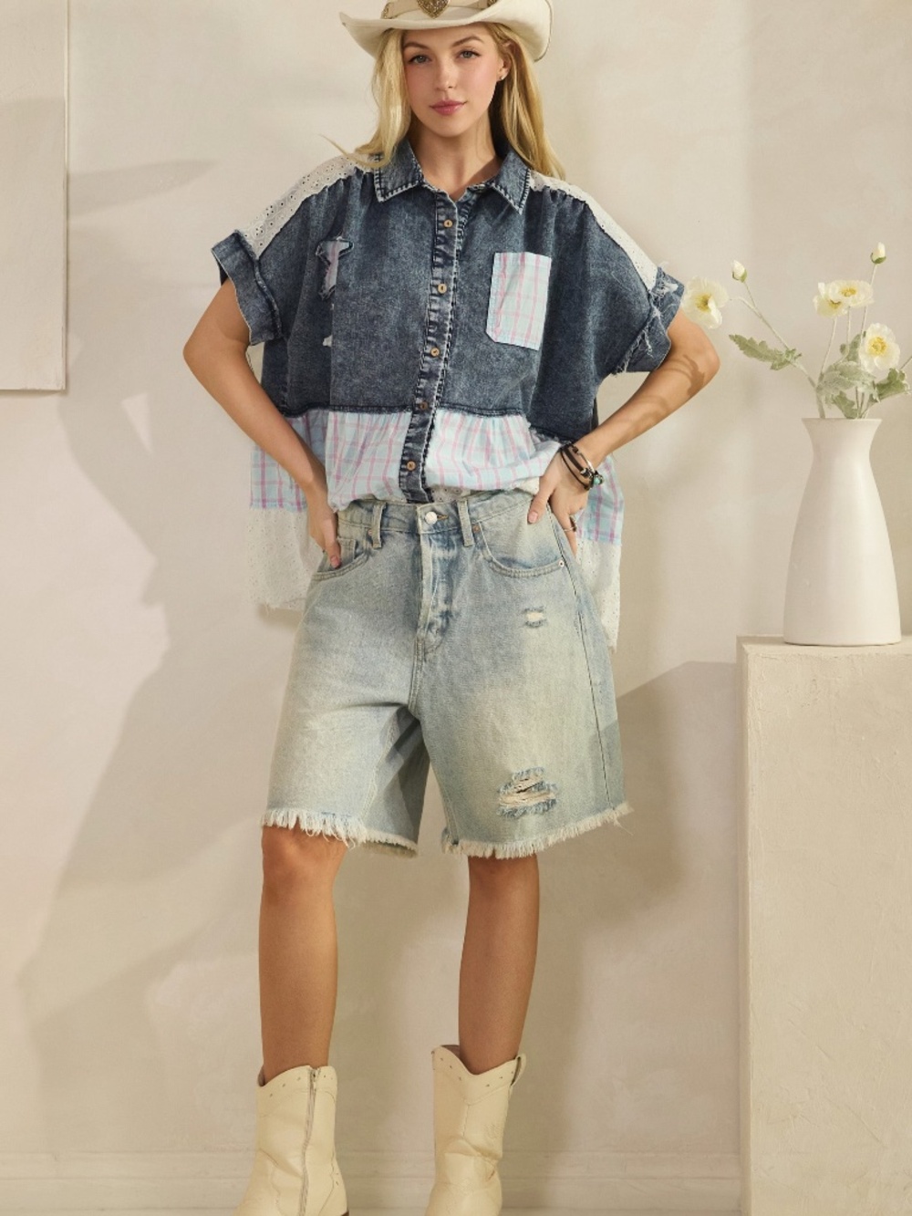 Sage & Fig Dark Wash Denim Plaid Print Star patch Button Down Top - Picture 6 of 8